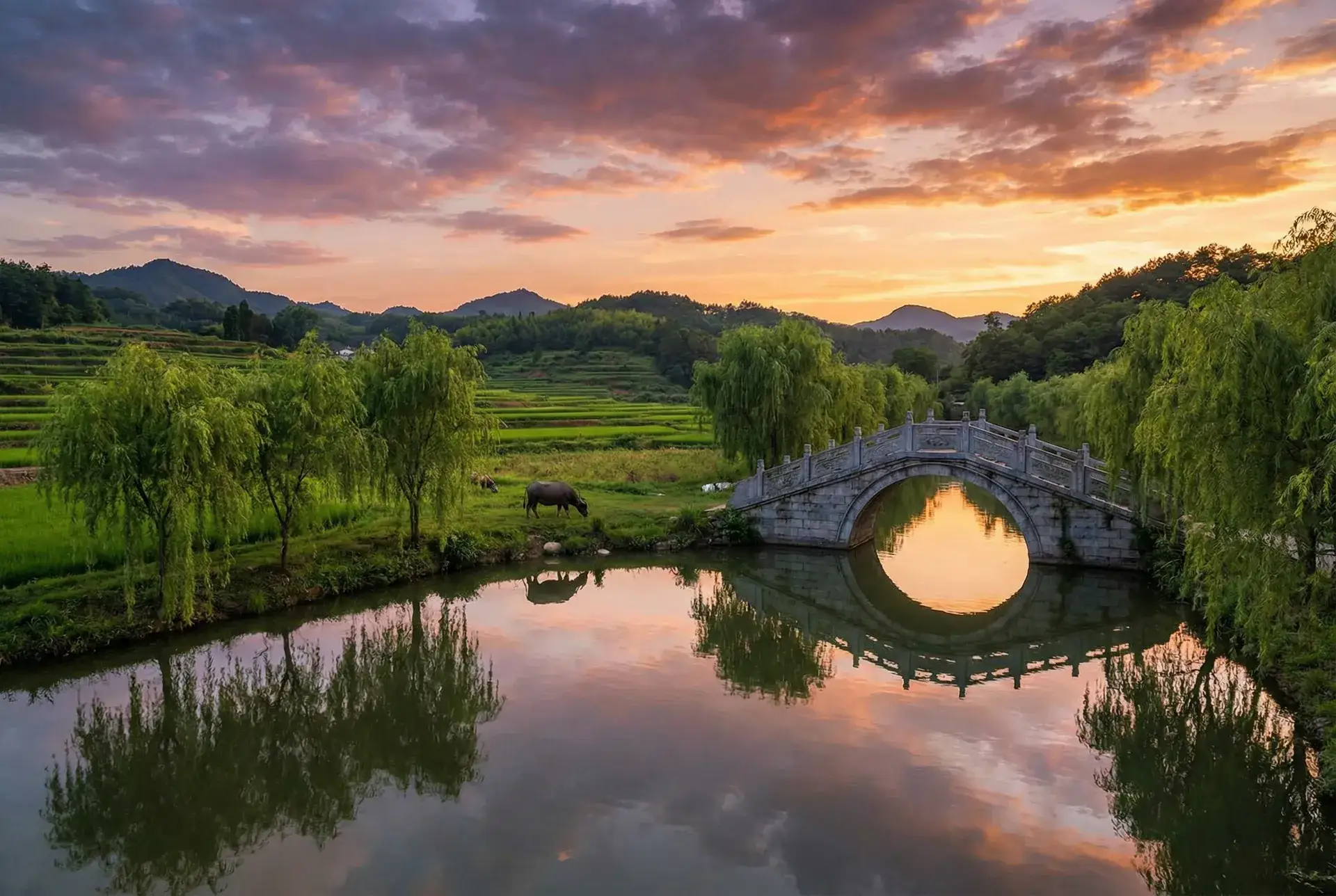 夕阳下的石拱桥与垂柳，水牛在河边吃草 - 飞极速动漫 乡村美景